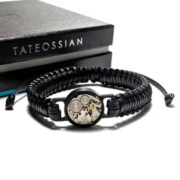 tab131 타테오시안 팔찌 블랙 가죽 실버 기어 라운드