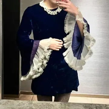 vintage 미니 원피스 드레스 벨로아 구제 의류 파랑