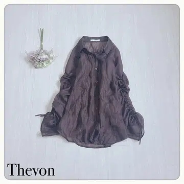 [ 새상품급 ] 제본 시어 블라우스 광택 소매 조정 가능 브라운 F 비침