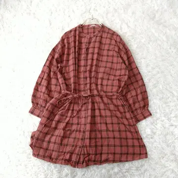 사만사 모스모스 밴드 카라 체크 긴팔 튜닉 셔츠 허리끈 M 면린넨