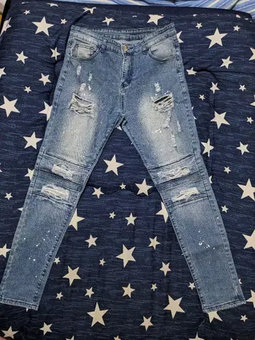 데미지 가공 스키니 데님 라이트 블루