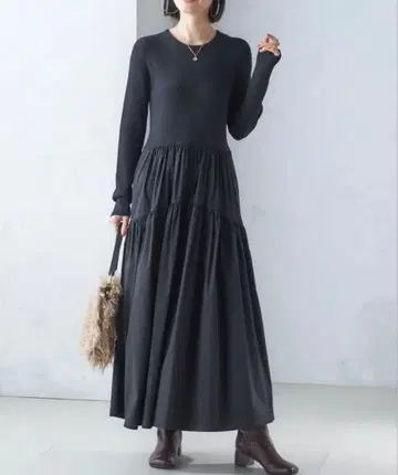 SHIPS 절개 긴팔 리브 원피스 블랙 플레어