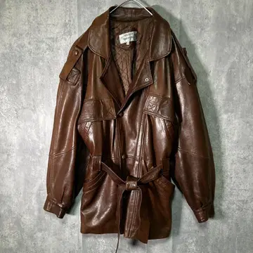 레어 빈티지 가죽 트렌치코트 천연 가죽 브라운 벨트 어깨 패드 없음