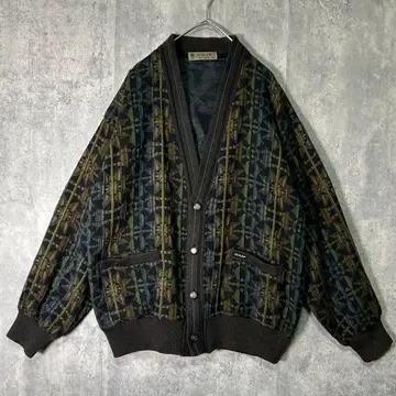 기하학 올 패턴 가디건 그린 브라운 일본제 빈티지