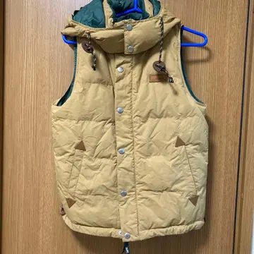 X-girl 후드 부착 다운 베스트 베이지 그린 리버서블