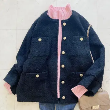 라운지 드레스 트위드 자켓 블랙 노카라 오버 사이즈