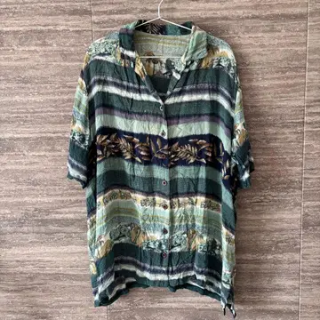 애니멀 무늬 하와이안 셔츠 꽃무늬 그린 해외 구제 의류 레이온