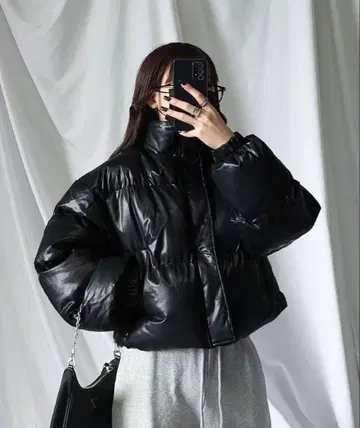 [ me+em select ] 인조 가죽 숏 퍼 다운 자켓