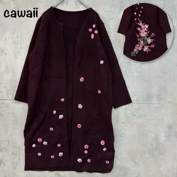 cawaii 카와이 자수 노카라 롱 코트 꽃무늬 울 혼방 벚꽃