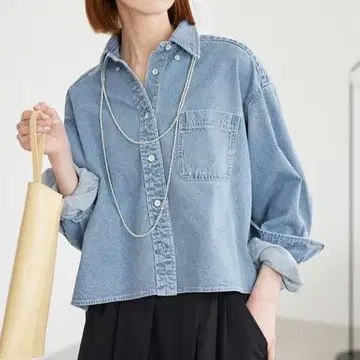 슬로브 이에나 LE DENIM 크롭 데님 셔츠 색스 블루