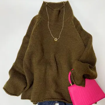 새상품급 신존 하이넥 풀오버 니트 모 100% 브라운 로우 게이지