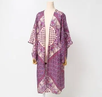 블루 보헤미안 실크 롱 가운 페이즐리 무늬 쉬폰 시어 비침