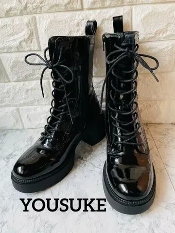 YOUSUKE 통굽 레이스업 부츠 광택 블랙 37