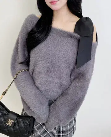 새상품 잉그 INGNI 어깨 리본 페더 니트 오프숄더 그레이