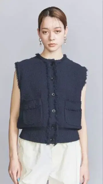 BEAUTY&YOUTH 코튼 나일론 트위드 니트 베스트 네이비