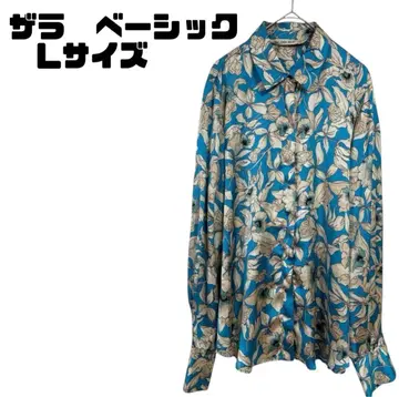 자라 베이직 꽃무늬 새틴 셔츠 블루 x 베이지 광택 얇은 소재