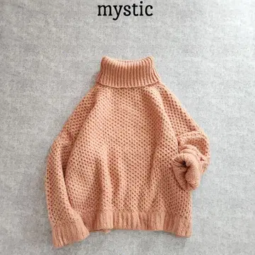 미스틱 터틀넥 크로 셰 뜨개질 니트 루즈핏 살몬 핑크 프리