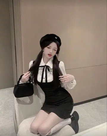 블랙 미니 원피스 한국 패션 왕홍