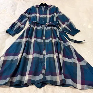 체크 무늬 셔츠 롱 원피스 4L 빅 사이즈 네이비