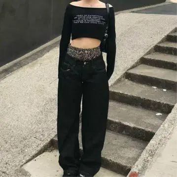 emmy 더블 허리 레오파드 데님 팬츠