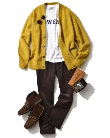 머스타드 컬러 V넥 가디건