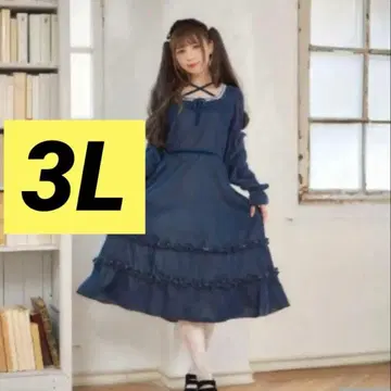 시마무라 미나카타 유이 클래시컬 프릴 벨로아 원피스 원피스 블루 3L