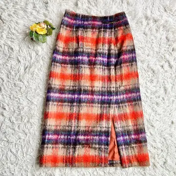 미사용급 21년 아나이 샤기 체크 타이트 스커트 롱 기장 소가죽 36