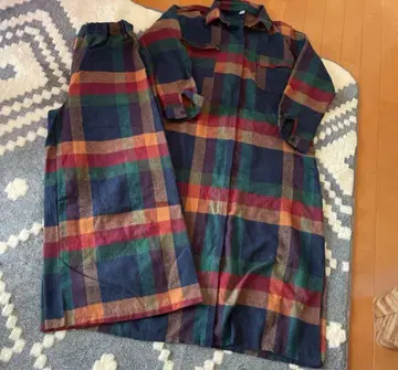 레트로 체크 무늬 롱 셔츠 원피스 셋업