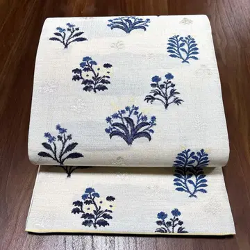 순수 실크 육통 후쿠로 오비 [ 꽃 파랑 실버 ]