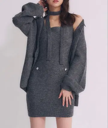 fupel 초커 포함 멜란지 니트 셋업