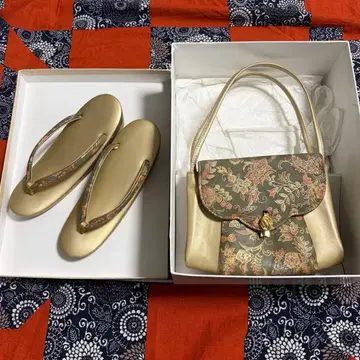 일본 의류용 백 조리 세트 골드 짙은 녹색 오리엔탈 꽃무늬 보태니컬 무늬