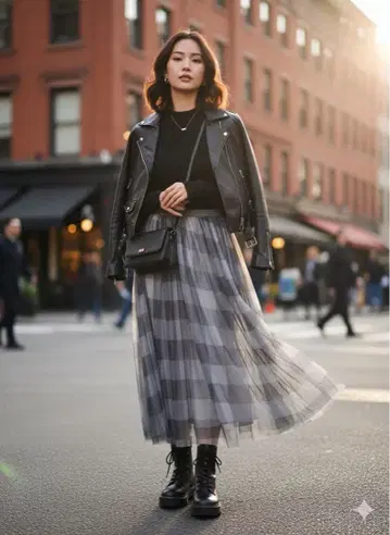 택 포함 새상품 Grand Table 튤 체크 플리츠 스커트 그레이