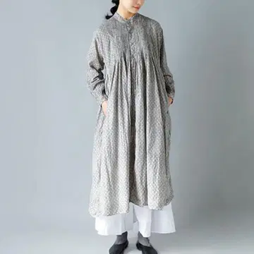 스몰 플라워 블록 프린트 미니 핀턱 밴드 카라 셔츠 드레스