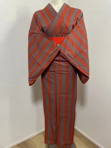 오렌지와 그레이 스트라이프 기모노 츠무기