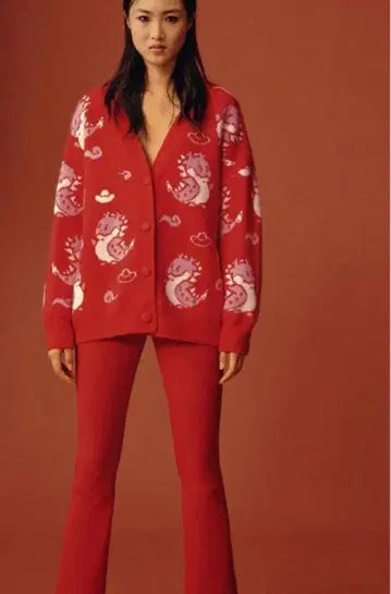 [ 새상품 ] ZARA 자카드 드래곤 니트 가디건 레드