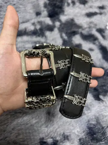 도트 무늬 블랙 가죽 벨트 메탈 버클