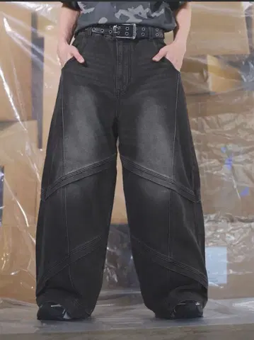 오버 사이즈 배기 와이드 바이커 데님 팬츠 워시/빈티지
