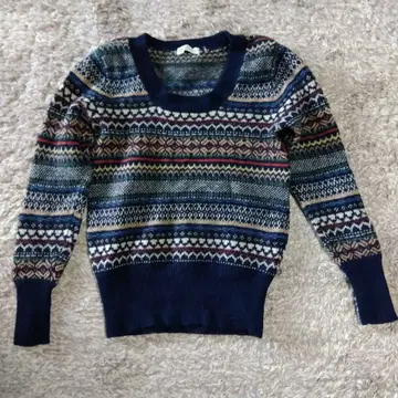 페어아일 패턴 긴팔 스웨터 네이비 계열 울
