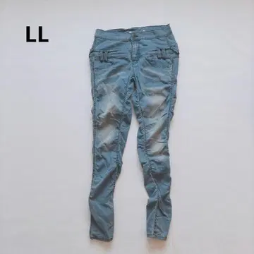 스키니 데님 라이트 블루 얇은 소재 하이웨스트 워싱 가공