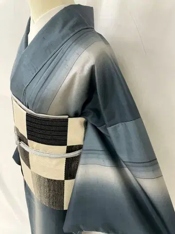 미사용 새상품 순수 실크 이중 기모노 줄무늬  단품