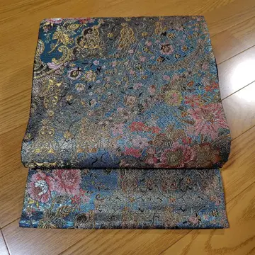 새상품급 후쿠로 오비 파랑과 금색 꽃무늬 6통