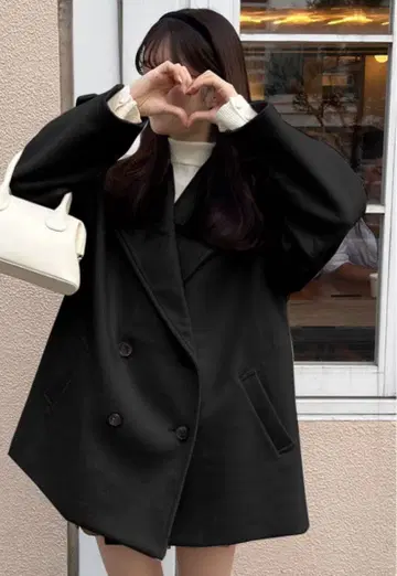 블랙 페이크 울 피코트 더블 버튼