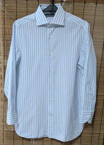 새상품급 제냐 긴팔 셔츠 화이트와 파랑 스트라이프 남성용