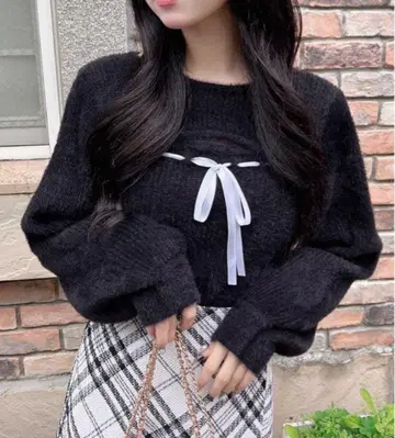 INGNI 페더 리브 데콜테 오픈 리본 니트 블랙