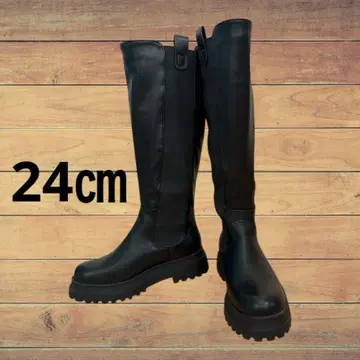 새상품급 롱 부츠 사이드 고어 통굽 블랙 24 사이즈 트랙 밑창