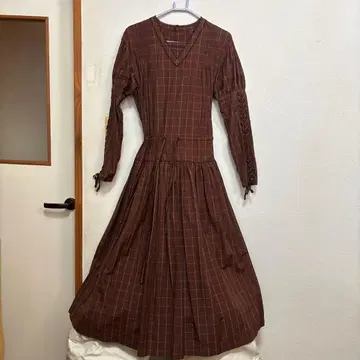 카네코 이사오 브라운 체크 무늬 롱 원피스