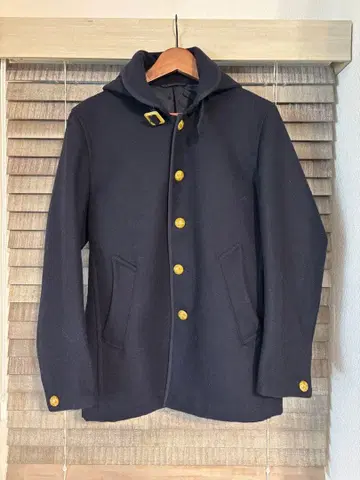 JUNMEN 후드 부착 네이비 울 코트