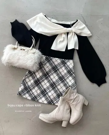 [ MAJESTIC LEGON ] 비쥬 리본 오프숄더 니트