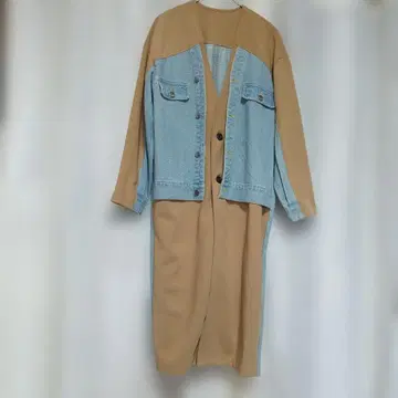 돌업 우프스 이소재 콤비 롱 코트 데님