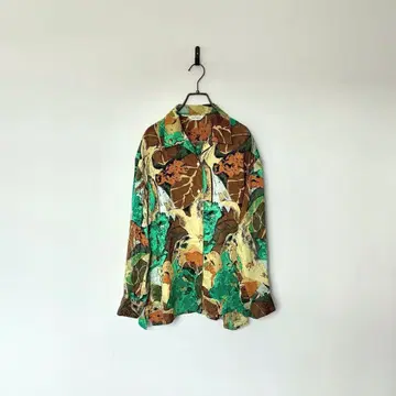 빈티지 실크 올 패턴 셔츠 오픈 카라 아트 펄 새틴 오픈 카라 L